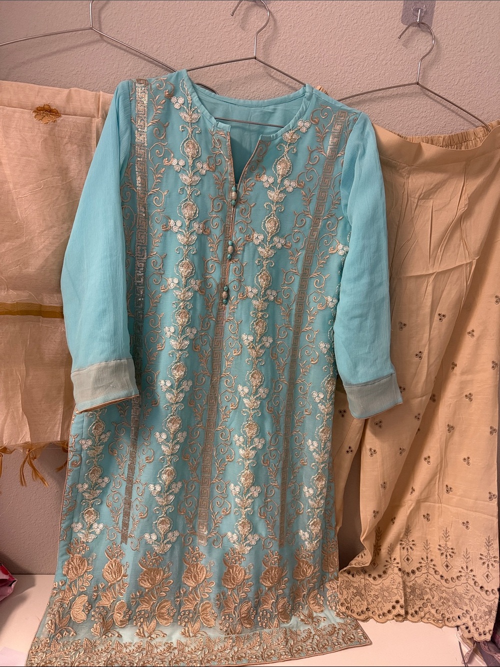 Indian Pakistani women’s girls Embroidered Aqua/Cyan Dress with Gold Accents